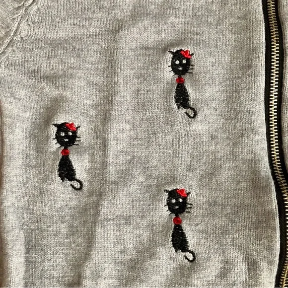 Mozuk Rare Embroidered Cat Motifs Retro Casual Knit Gray Cardigan Women’s Size S - Picture 3 of 9